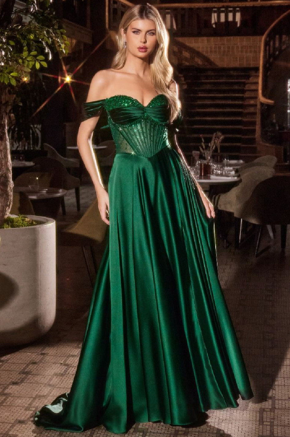 STRAPLESS BEADED SATIN A-LINE DRESS