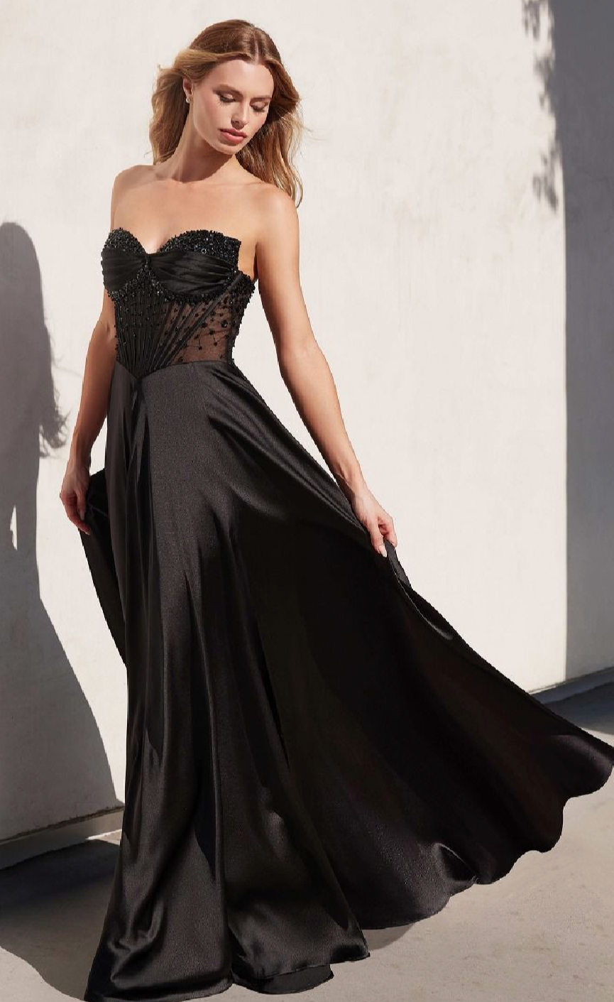 STRAPLESS BEADED SATIN A-LINE DRESS