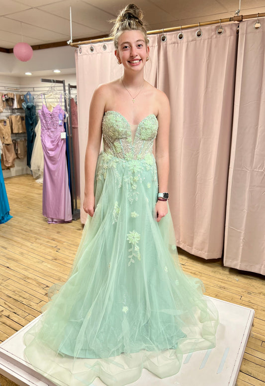 SAGE GREEN STRAPLESS BALL GOWN
