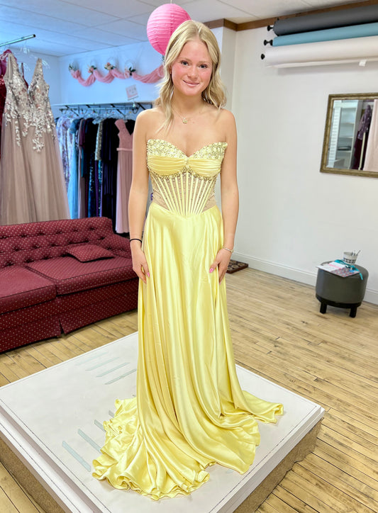 STRAPLESS BEADED SATIN A-LINE DRESS