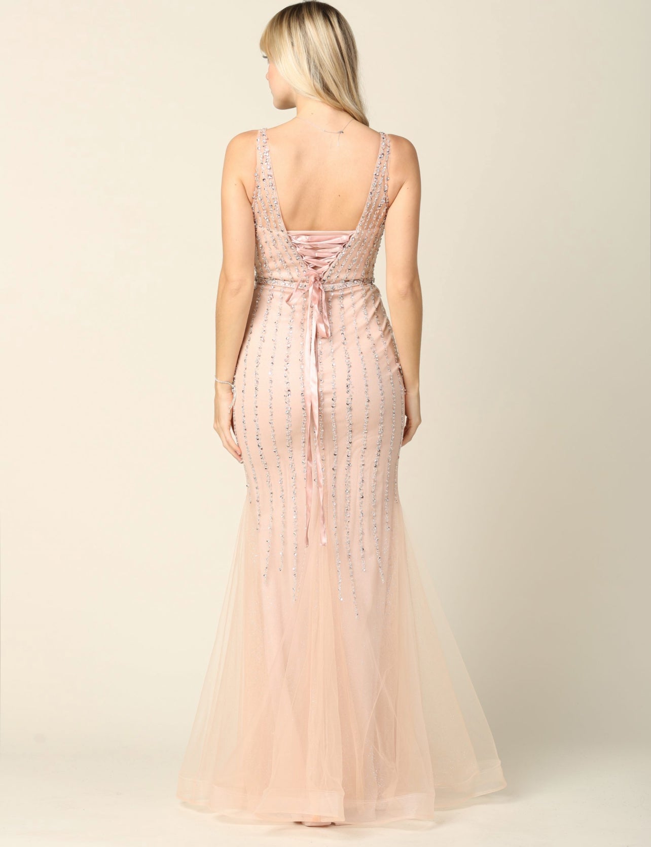 Fit And Flare Tulle Gown With Stone Embellishment And Corset Back Tie