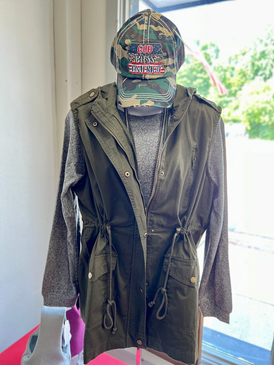 DRAWSTRING WAIST MILITARY HOODIE VEST
