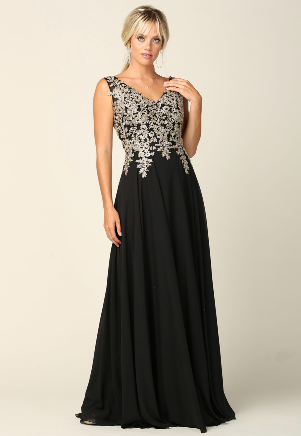 V-Neck Sleeveless Chiffon Gown W/ Metallic Embroidery