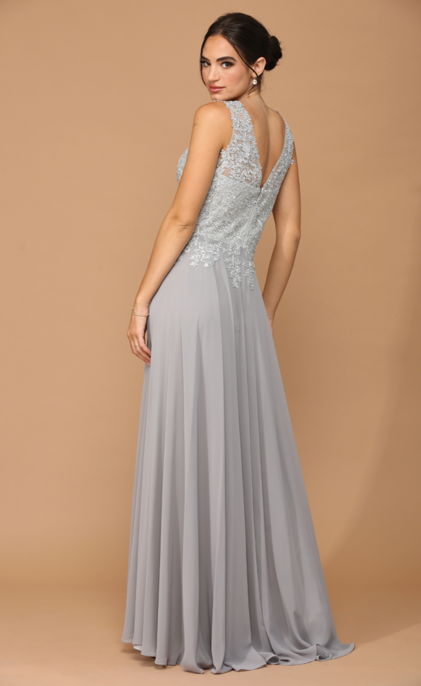 V-Neck Sleeveless Chiffon Gown W/ Metallic Embroidery