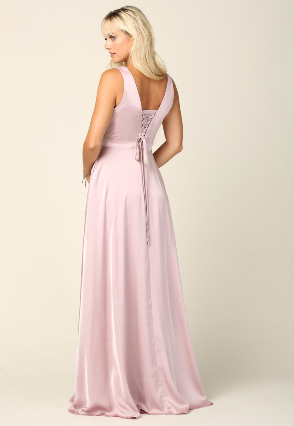 Sleeveless V-Neck Satin Gown W/ Front Slit And Corset Back