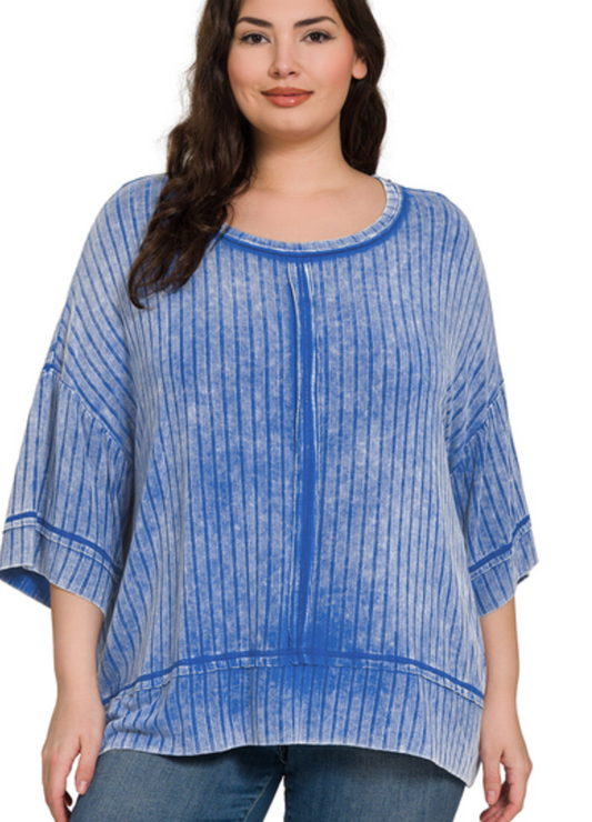 PLUS RIBBED DROP SHOULDER HALF SLEEVE TOP