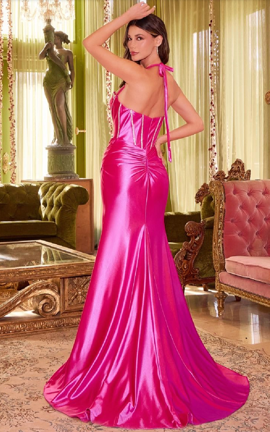 SATIN HALTER DRESS WITH RHINESTONE DETAILS