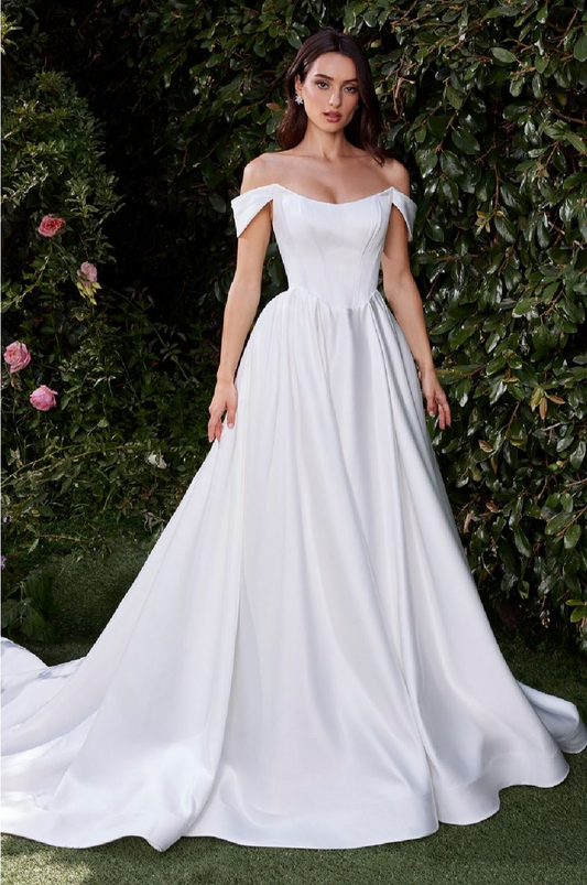 OFF THE SHOULDER SOFT SATIN BRIDAL BALL GOWN