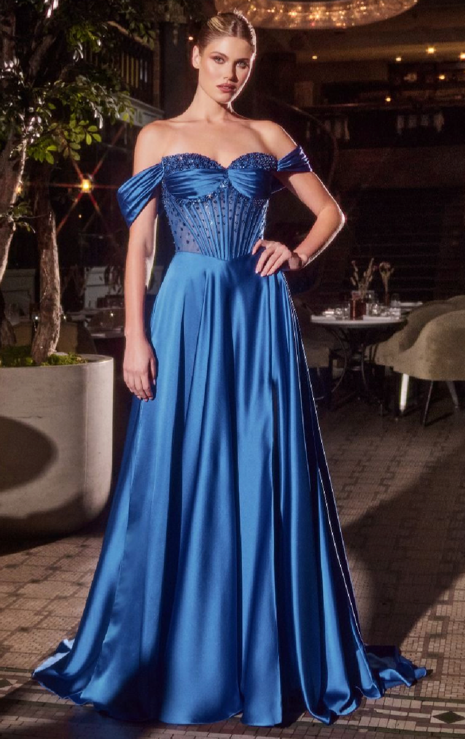 STRAPLESS BEADED SATIN A-LINE DRESS
