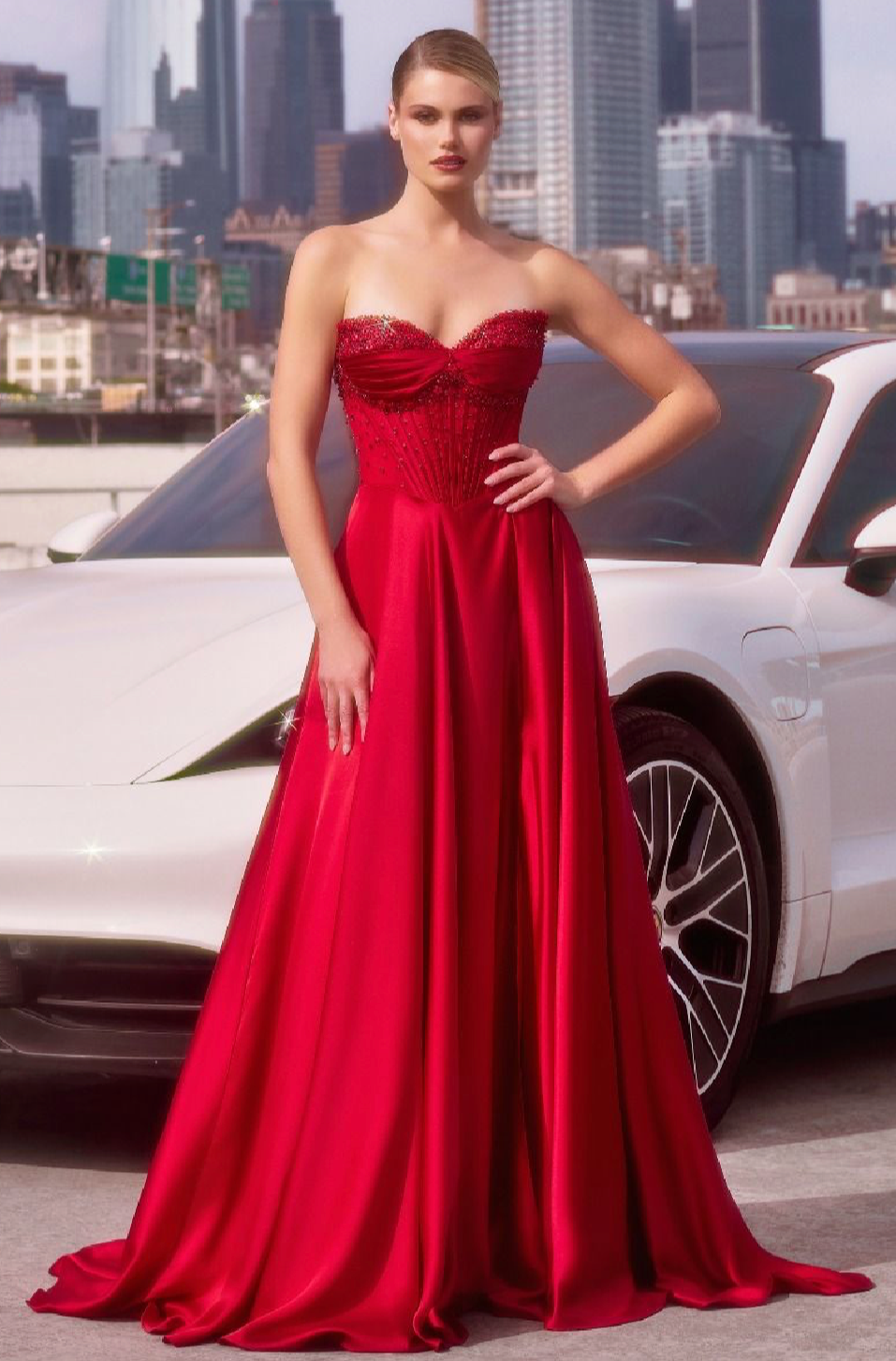 STRAPLESS BEADED SATIN A-LINE DRESS