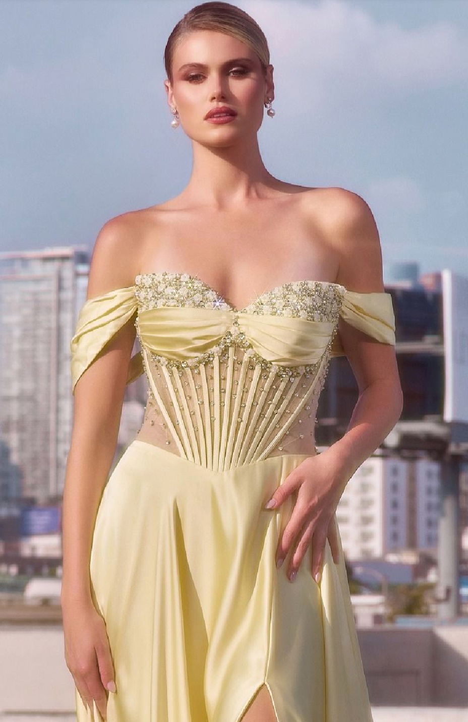 STRAPLESS BEADED SATIN A-LINE DRESS